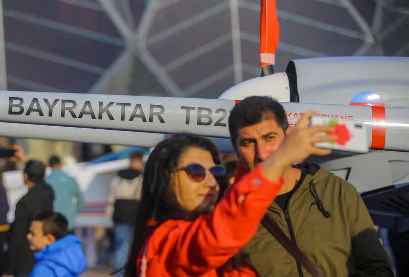 FILE PHOTO: A Bayraktar TB2 drone is exhibited at an aerospace and technology festival in Baku