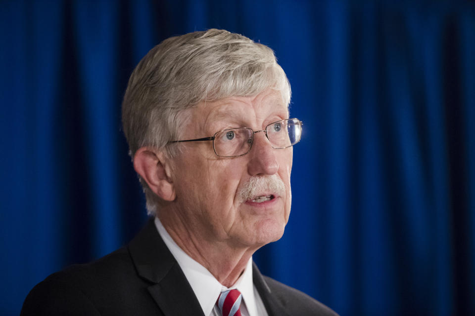 National Institutes of Health Director Dr. Francis Collins speak during a news conference in Trenton, N.J., Monday, Sept. 18, 2017. New Jersey Gov. Chris Christie said during the news conference that pharmaceutical companies have agreed to work on nonaddictive pain medications and additional treatments to deal with opioid addiction. (AP Photo/Matt Rourke)