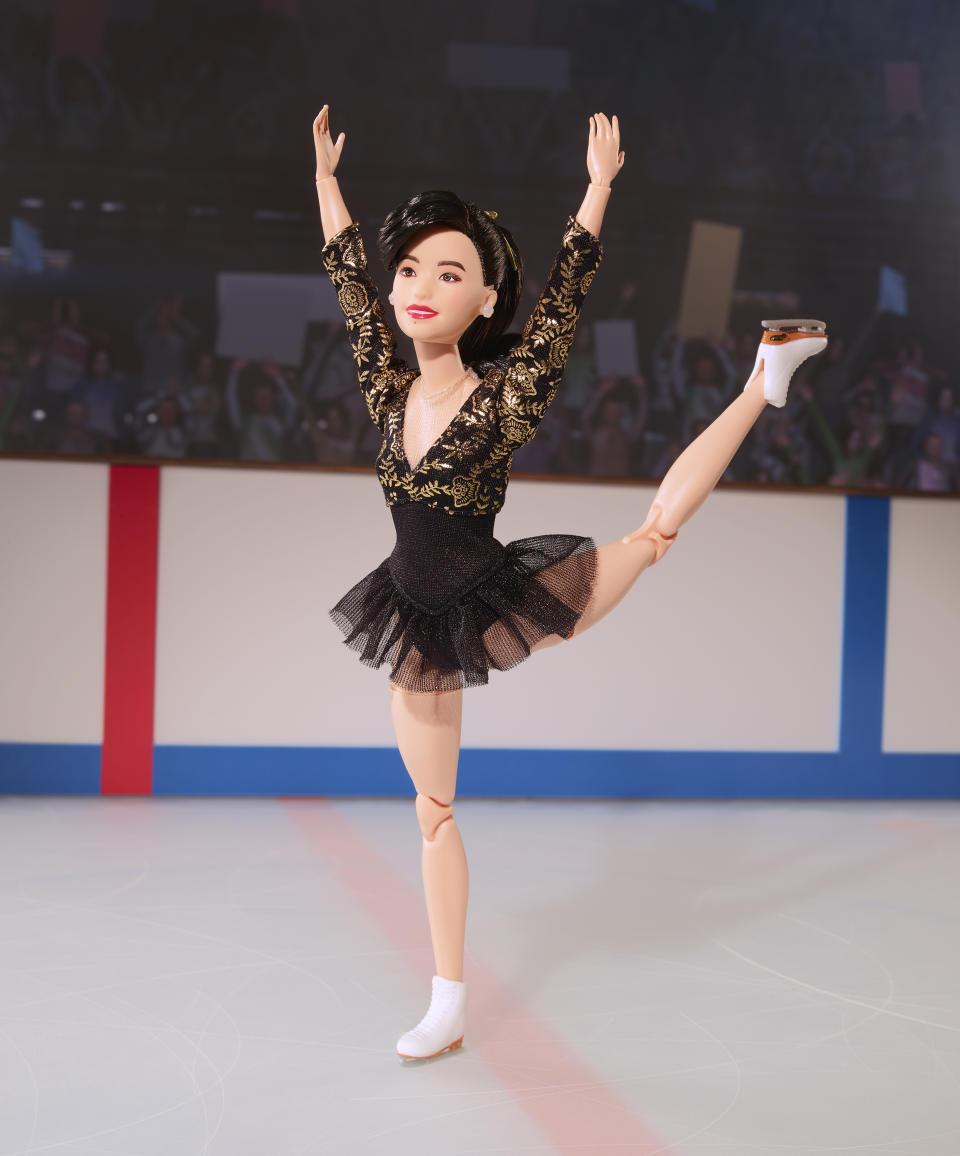 This image provided by Mattel in April 2024 shows the company's Kristi Yamaguchi Barbie doll. Yamaguchi became the first Asian American to win an individual gold medal for figure skating at the 1992 Winter Olympics. (Mattel via AP)