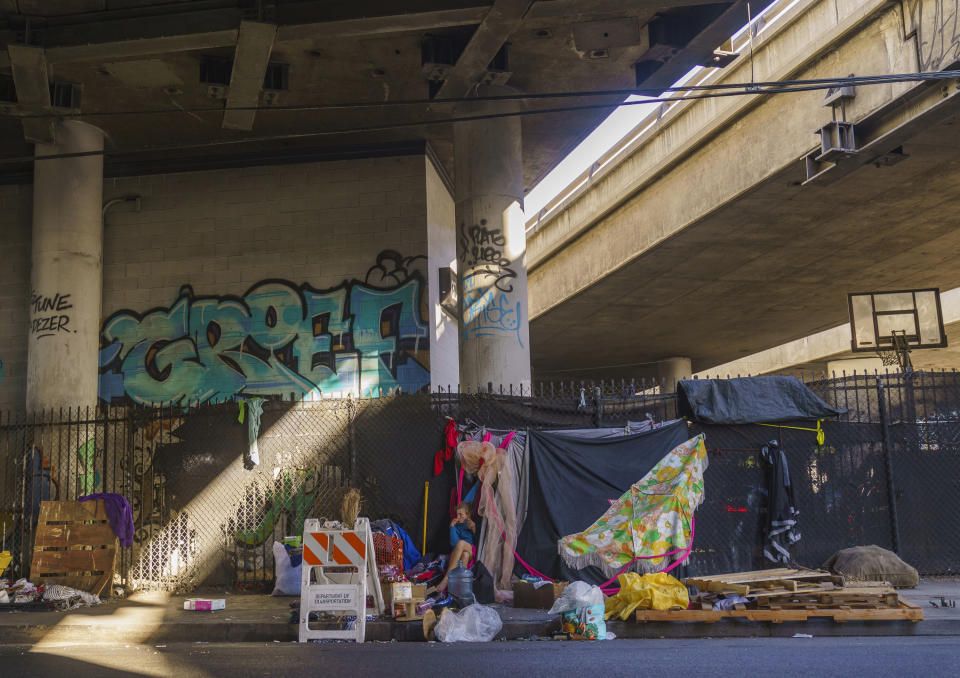 A homeless person sits under the Interstate 10 freeway in Los Angeles, Thursday, Dec. 7, 2023. (AP Photo/Damian Dovarganes)