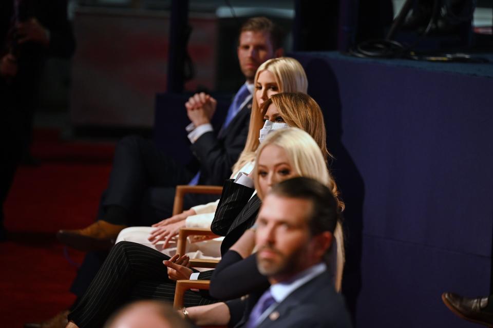 Members of the Trump family seen not wearing masks during the first presidential debate. Only first lady Melania Trump is wearing one. (Photo: JIM WATSON via Getty Images)