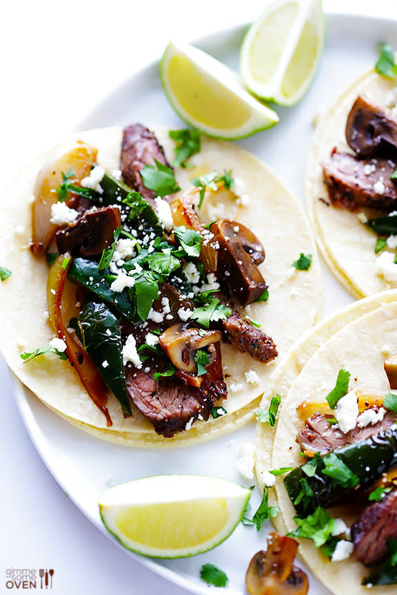 <strong>Get the <a href="http://www.gimmesomeoven.com/steak-poblano-and-mushroom-tacos-recipe/" target="_blank">Steak, Poblano and Mushroom Tacos</a> recipe from Gimme Some Oven</strong>