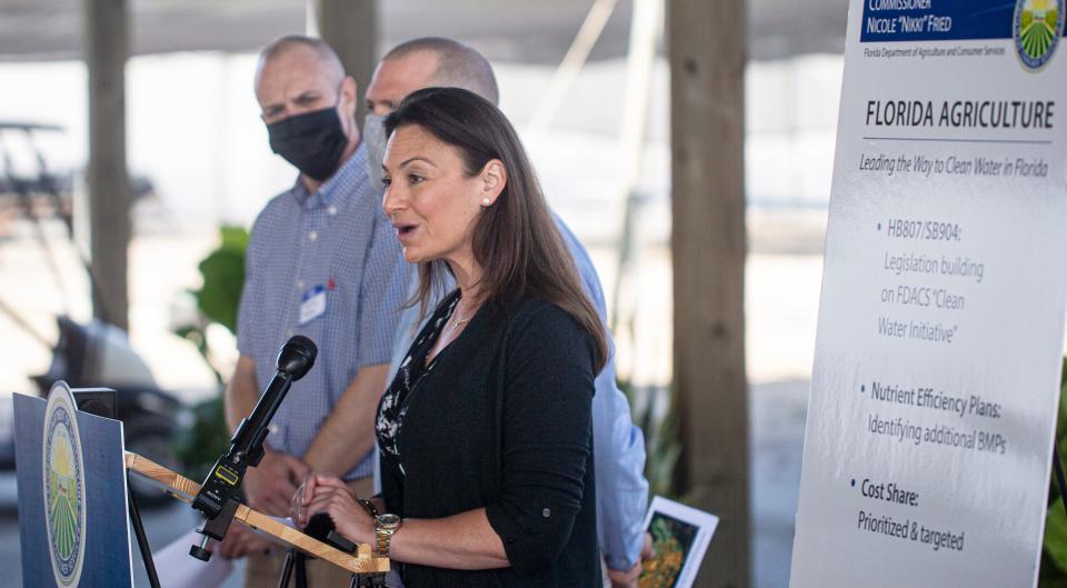 Nikki Fried, the Florida Commissioner of Agriculture, speaks at a press conference at Keepsake Plants in Alva on Wednesday, Jan. 5, 2022.  She held a roundtable discussion with area producers to discuss water quality and FDACS Best Management Practices.