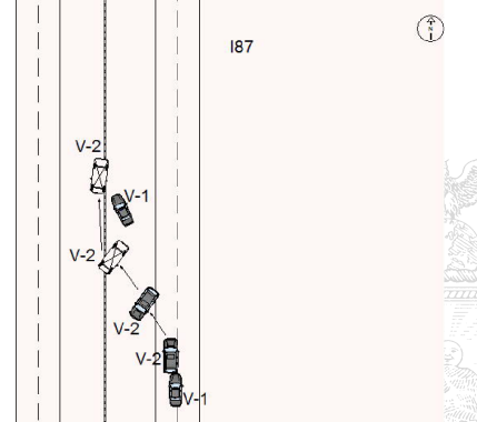 A diagram of the Dec. 22 crash in the town of Ulster that killed 11-year-old Monica Goods. In this diagram, taken from a State Police report, V-1 is state Trooper Christopher Baldner's vehicle and V-2 is Tristin Goods' vehicle.