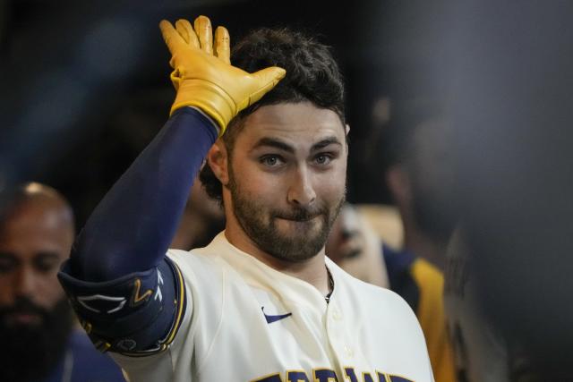 Milwaukee Brewers' Garrett Mitchell celebrates after hitting a home run  during the sixth inning of a baseball game against the New York Mets  Tuesday, April 4, 2023, in Milwaukee. (AP Photo/Morry Gash