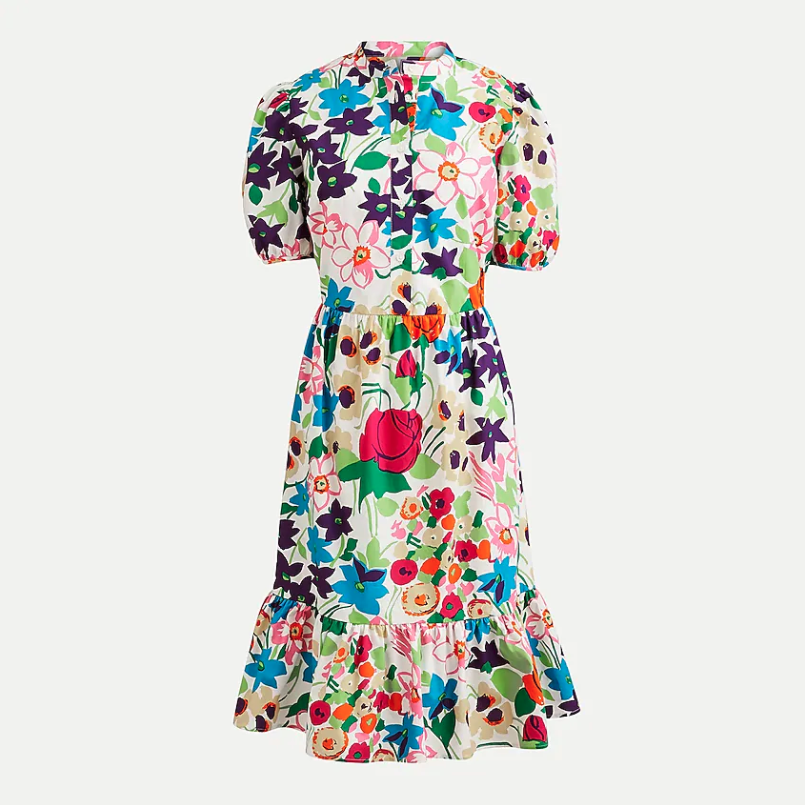 Puff-sleeve dress in vibrant garden print. Image via J.Crew.