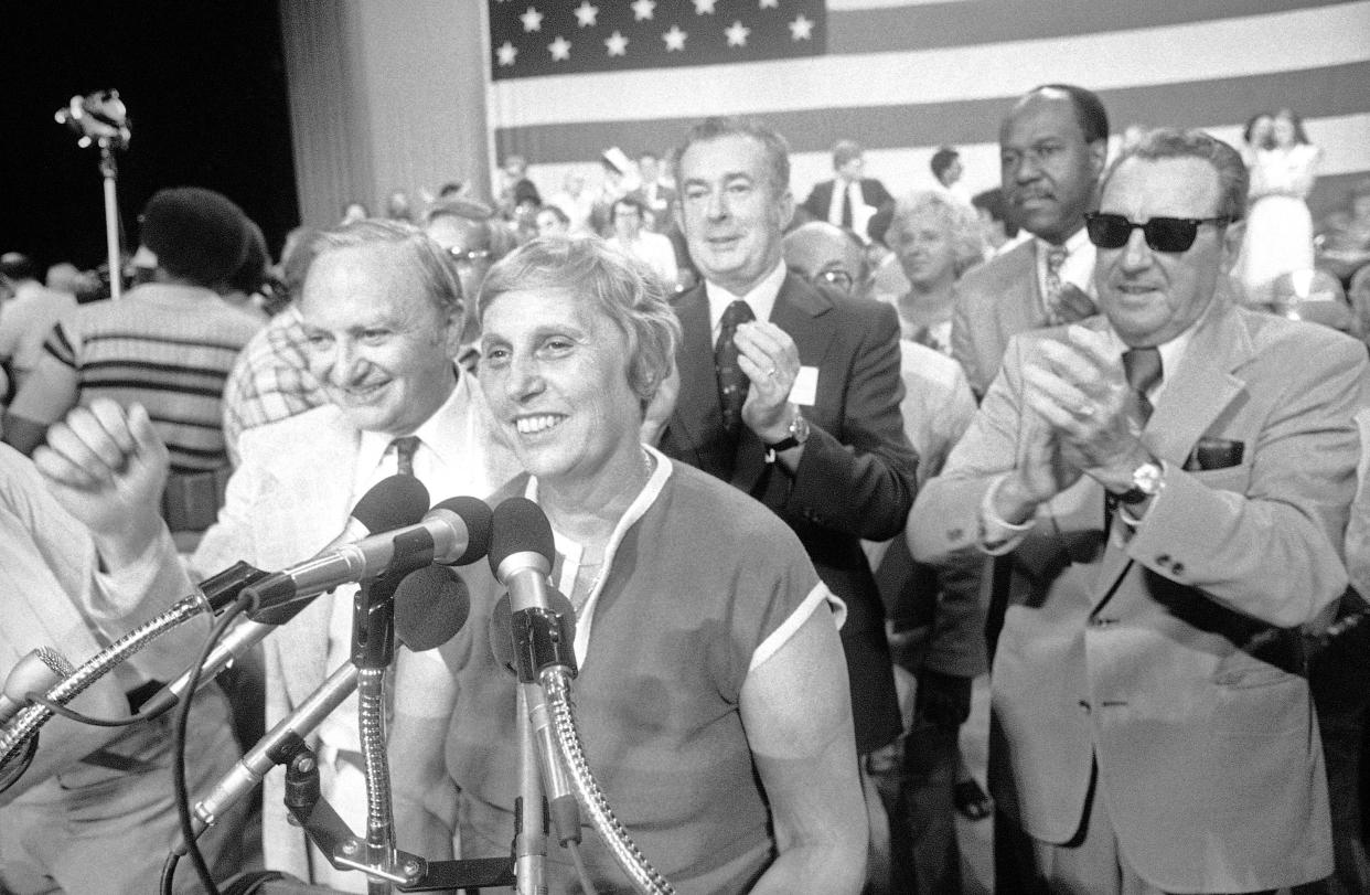 Gov. Ella T. Grasso receives the applause of the crowd as she began her acceptance speech as the party-endorsed gubernatorial candidate at the Democratic Party state nominating convention in Hartford, Connecticut on Saturday, July 22, 1978. From left are Gov. Grasso’s husband, Thomas; Gov. Grasso; state party chairman William O’Neill; state treasurer Henry Parker; former Gov. John N. Dempsey.