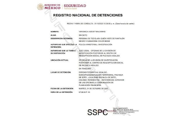 Documento de la detención de Verónica Vizzuet, coordinadora de planeación financiera de Hidalgo