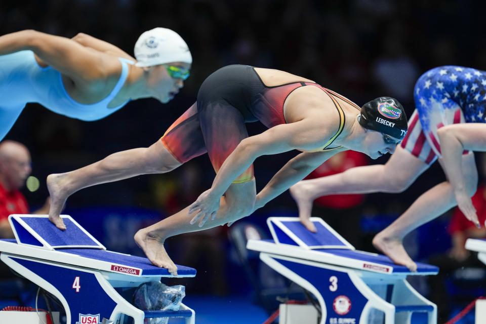 Katie Ledecky swims during the Women's 400 freestyle preliminaries Saturday, June 15, 2024, at the US Swimming Olympic Trials in Indianapolis. (AP Photo/Michael Conroy)