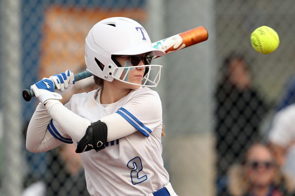 Olympic’s Hailey Feltis lets a high pitch go by for a ball during their 10-0 win over Bremerton on Wednesday, April 10, 2024.