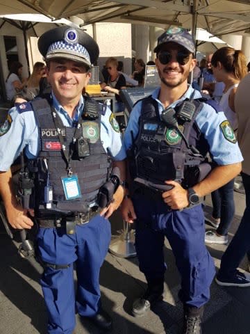 Const Aaron Vidal (right) is pictured with his father David, a duty officer, who he worked with at the Day Street Police Station in Sydney's CBD.