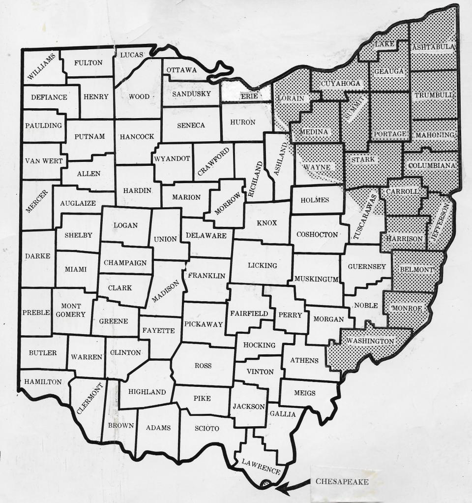 A 1964 map shows the shaded areas of Ohio that observed daylight saving time.