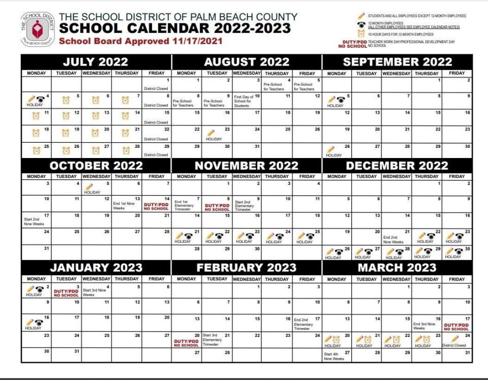 The School District of Palm Beach County school calendar for 2022-2023.