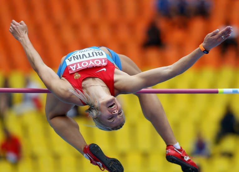 Russia's Aleksandra Butvina competes during the heptathlon high jump event at the World Athletics Championships at the Luzhniki stadium in Moscow, on August 12, 2013