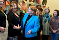 Senator Heidi Heitkamp (D-ND) meets with a group of women business owners at Jamestown College, Jamestown, North Dakota, U.S. April 6, 2018. Picture taken April 6, 2018. REUTERS/Dan Koeck