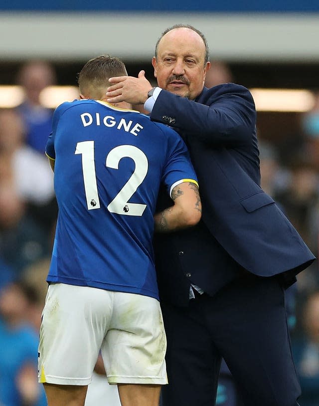 Everton manager Rafael Benitez and Lucas Digne