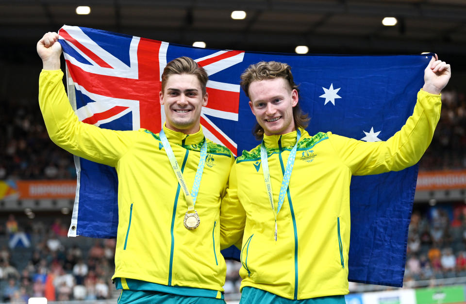 Matthew Glaetzer and Thomas Cornish, pictured here after the men's 1000m time trial at the Commonwealth Games.