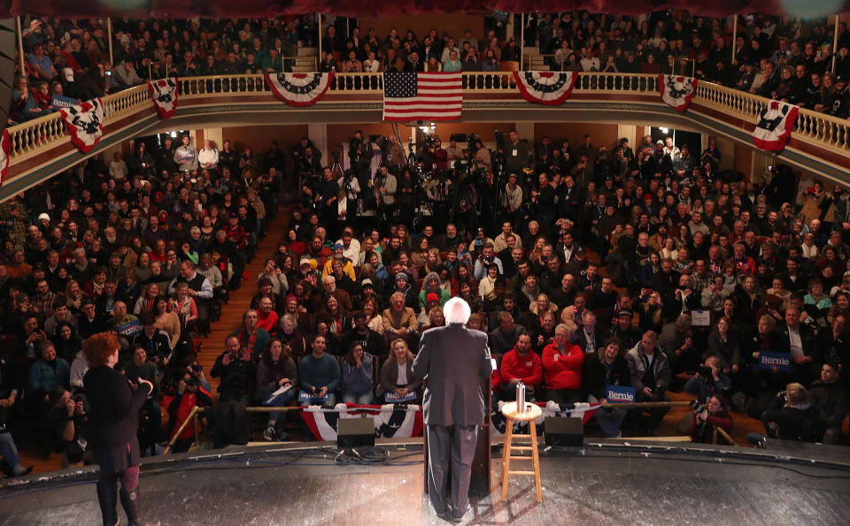 ROCHESTER, NEW HAMPSHIRE - FEBRUARY 08: : Democratic presidential candidate Sen. Bernie Sanders (I-VT) speaks during a Town Hall held at the Rochester Opera House on February 08, 2020 in Rochester, New Hampshire. Mr. Sanders is campaigning before the primary on February 11. (Photo by Joe Raedle/Getty Images)