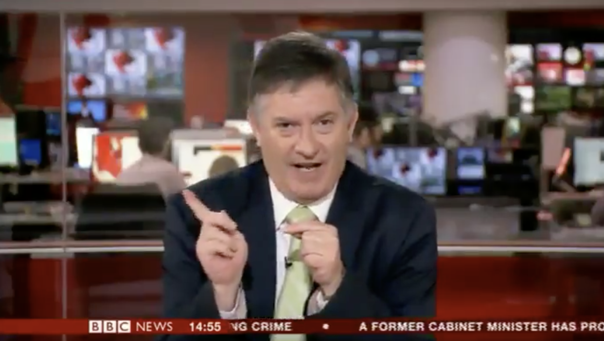 BBC News presenter Simon McCoy told the cameras to face the autocue so viewers could see the dog puns that had been written for him (BBC)