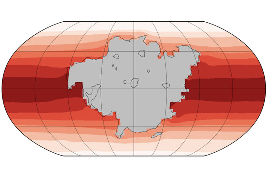 Surface temperature map of Earth with potential future supercontinent