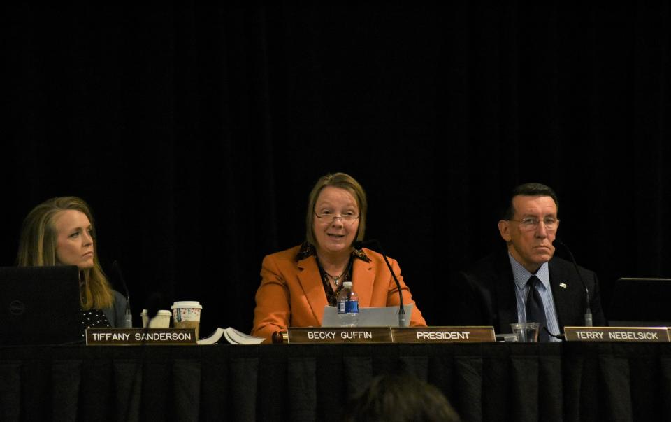 The South Dakota Board of Education Standards meets Nov. 21, 2022 in Sioux Falls at the Convention Center. From left to right: Education Secretary Tiffany Sanderson, Board president Becky Guffin, and Board vice president Terry Nebelsick.