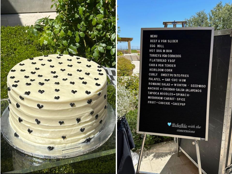 The couple showed off the menu for the party, as well as their cake which featured blue icing on the inside.