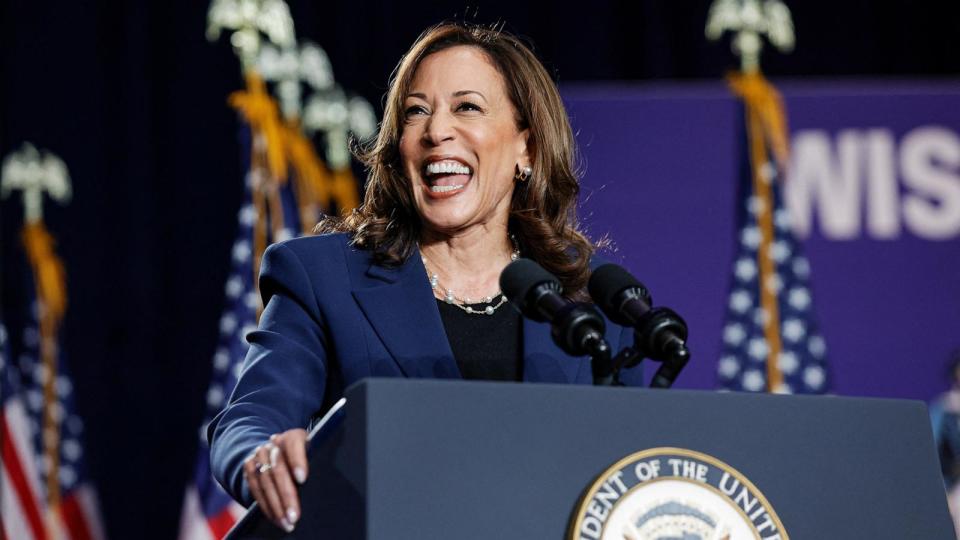PHOTO: Vice President and Democratic Presidential candidate Kamala Harris speaks at West Allis Central High School during her first campaign rally in Milwaukee, WI, July 23, 2024.  (Kamil Krzaczynski/AFP via Getty Images)