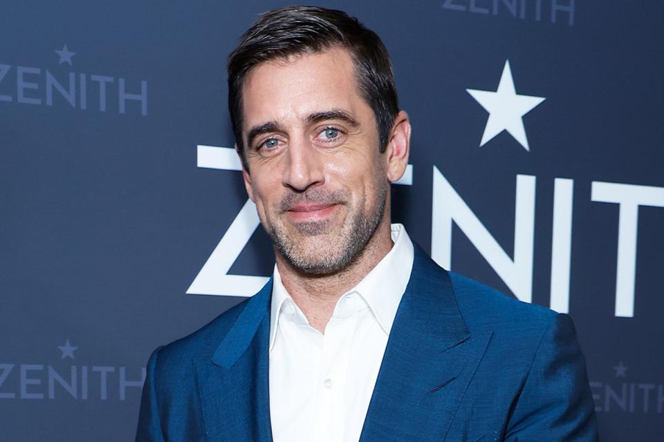 <p>John Lamparski/Getty</p> Zenith ambassador Aaron Rodgers at the Magic Room of the LVMH tower on Oct. 30, 2023