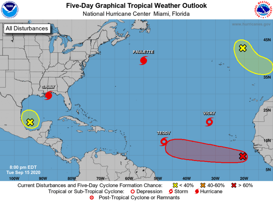 Atlantic Tropical Cyclones and Disturbances as of 8 p.m., Sept. 15, 2020.