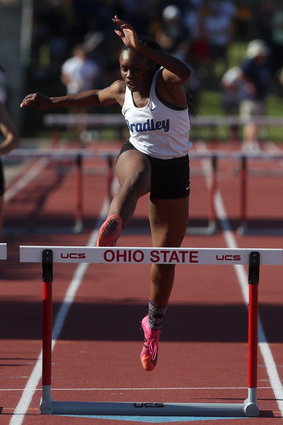 Bradley senior Gracelyn Peebles finished sixth in the 300 hurdles in the Division I state meet. “I’ve been beyond the moon over this entire experience,” she said.