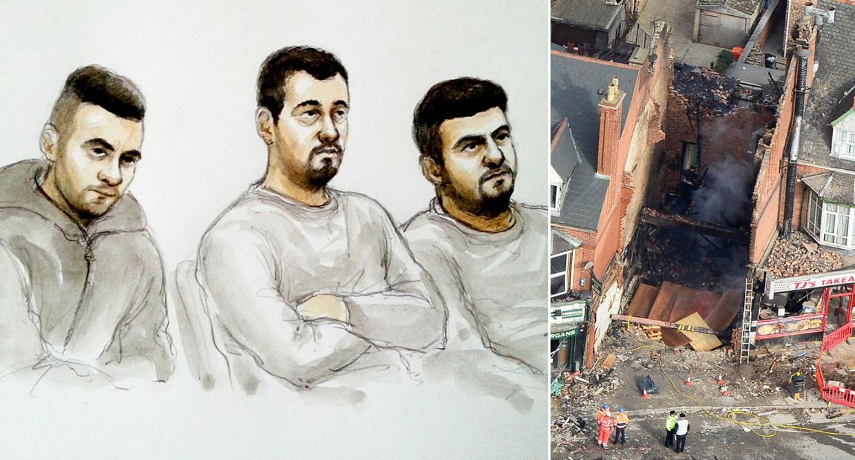 Arkan Ali, Hawkar Hassan and Aram Kurd (l-r) allegedly caused the huge explosion to gain a £300,000 insurance payout. (File pictures, SWNS)