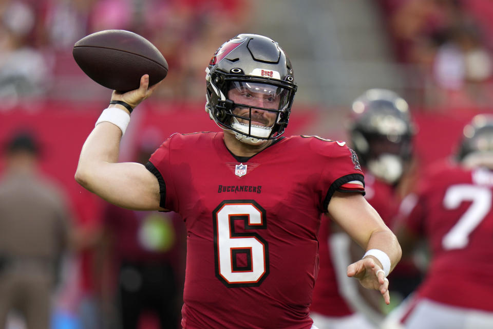 Tampa Bay Buccaneers quarterback Baker Mayfield passes during the first half of an NFL preseason football game against the Baltimore Ravens Saturday, Aug. 26, 2023, in Tampa, Fla. (AP Photo/Chris O'Meara)