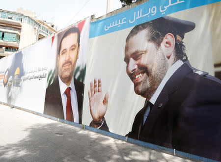 A campaign banner of Lebanese Prime Minister and candidate for parliamentary election Saad al-Hariri in seen in Beirut, Lebanon May 3, 2018. REUTERS/Jamal Saidi