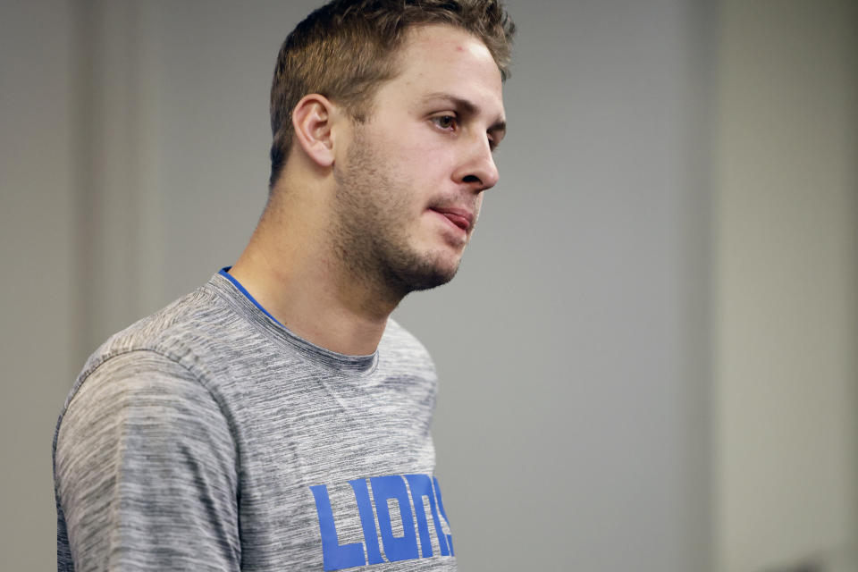 FILE - Detroit Lions quarterback Jared Goff addresses the media after an NFL football game against the Denver Broncos, Saturday, Dec. 16, 2023, in Detroit. The intensity of NFL fandom that increased with the surge of fantasy football has spiked further in the age of online betting. “When you used to lose, you would hear about it because of a fan’s loyalty to the team. They want to win. Now you hear about it because they’re losing their money because of you,” Goff said.(AP Photo/David Dermer, File)