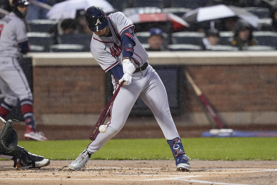 Atlanta Braves' Vaughn Grissom hits a single against the New York Mets during the first inning of a baseball game Friday, April 28, 2023, in New York. (AP Photo/Bryan Woolston)