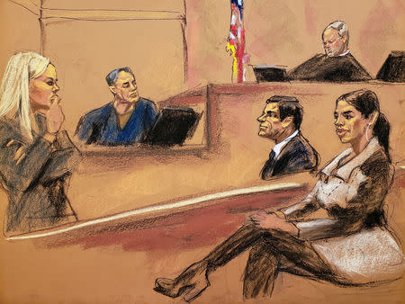 Assistant U.S. Attorney Gina Parlovecchio (L) questions witness John Paul Osborne in this courtroom sketch as Emma Coronel Aispuro, the wife of Joaquin Guzman, looks on during the Brooklyn federal court trial of accused Mexican durg lord Joaquin "El Chapo" Guzman in New York City, U.S., January 24, 2019. REUTERS/Jane Rosenberg