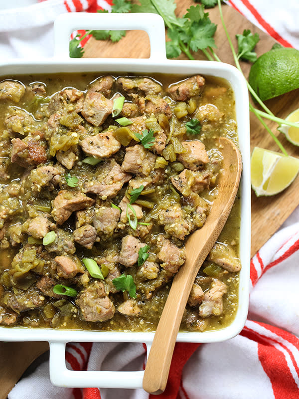 <p>Foodie Crush</p><p>Your slow cooker does all the hard work for you in this pork green chili recipe. Hatch green chiles are the star of this soup, but jalapeños can be used if needed!</p><p><strong>Get the recipe: <a href="https://www.foodiecrush.com/slow-cooker-hatch-green-chile-verde/" rel="nofollow noopener" target="_blank" data-ylk="slk:Slow Cooker Hatch Green Chile Verde;elm:context_link;itc:0;sec:content-canvas" class="link rapid-noclick-resp">Slow Cooker Hatch Green Chile Verde</a></strong></p>