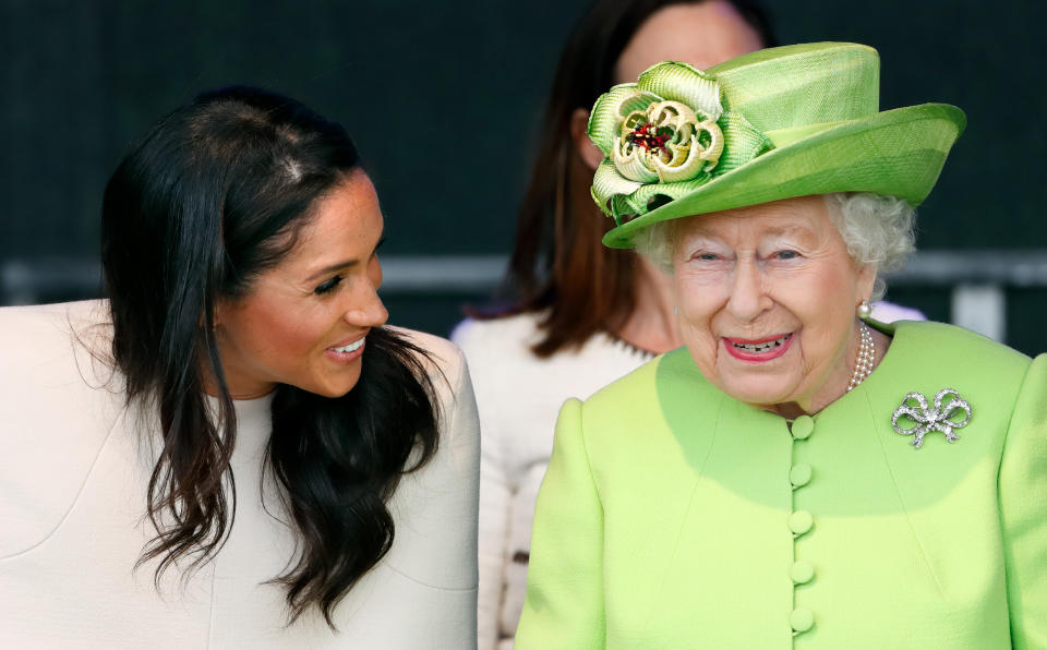 WIDNES, UNITED KINGDOM - JUNE 14: (EMBARGOED FOR PUBLICATION IN UK NEWSPAPERS UNTIL 24 HOURS AFTER CREATE DATE AND TIME) Meghan, Duchess of Sussex and Queen Elizabeth II attend a ceremony to open the new Mersey Gateway Bridge on June 14, 2018 in Widnes, England. Meghan Markle married Prince Harry last month to become The Duchess of Sussex and this is her first engagement with the Queen. During the visit the pair will open a road bridge in Widnes and visit The Storyhouse and Town Hall in Chester. (Photo by Max Mumby/Indigo/Getty Images)