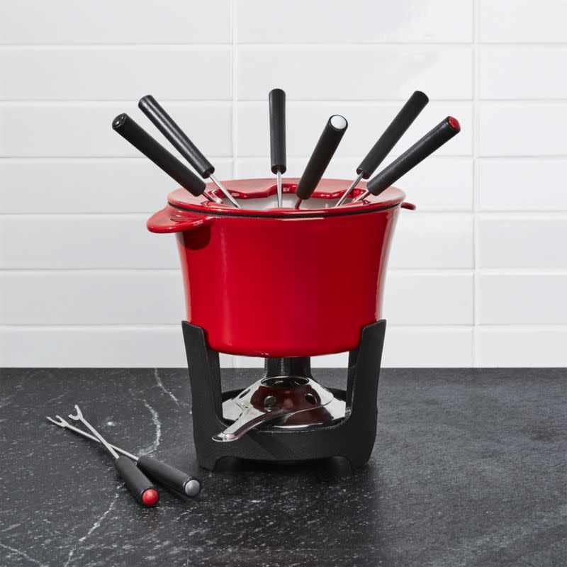 40) Red Cast Iron Fondue Set