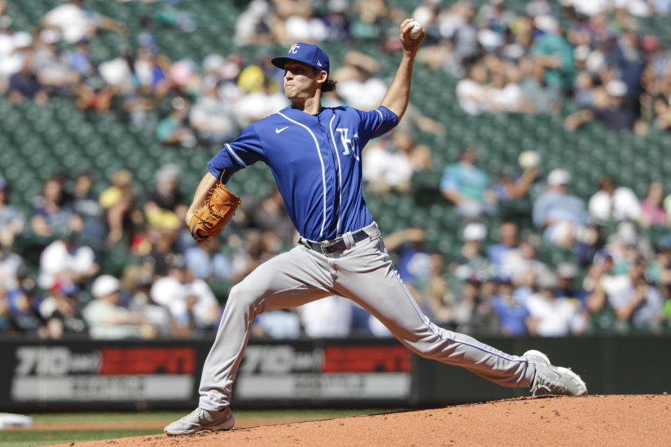 Kansas City Royals starting pitcher Daniel Lynch throws to a Seattle Mariners batter during the first inning of a baseball game Saturday, Aug. 28, 2021, in Seattle. (AP Photo/Jason Redmond)