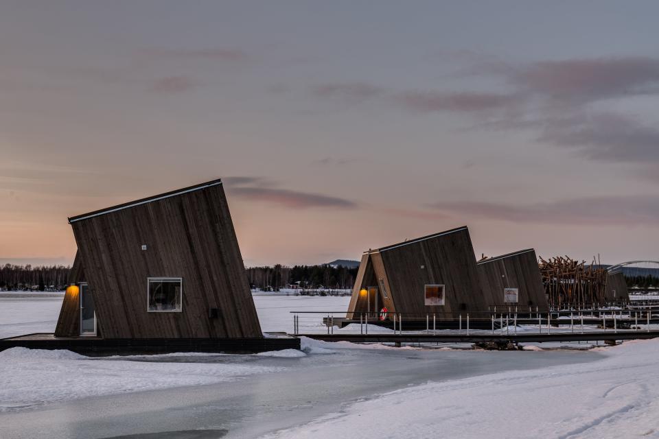 Several of the floating cabins, which are located in northern Sweden.
