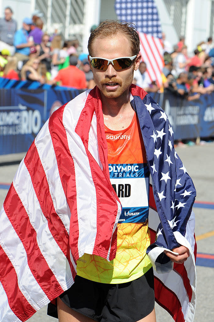 Jared wears an American flag around his shoulders after qualifying for the Rio Games