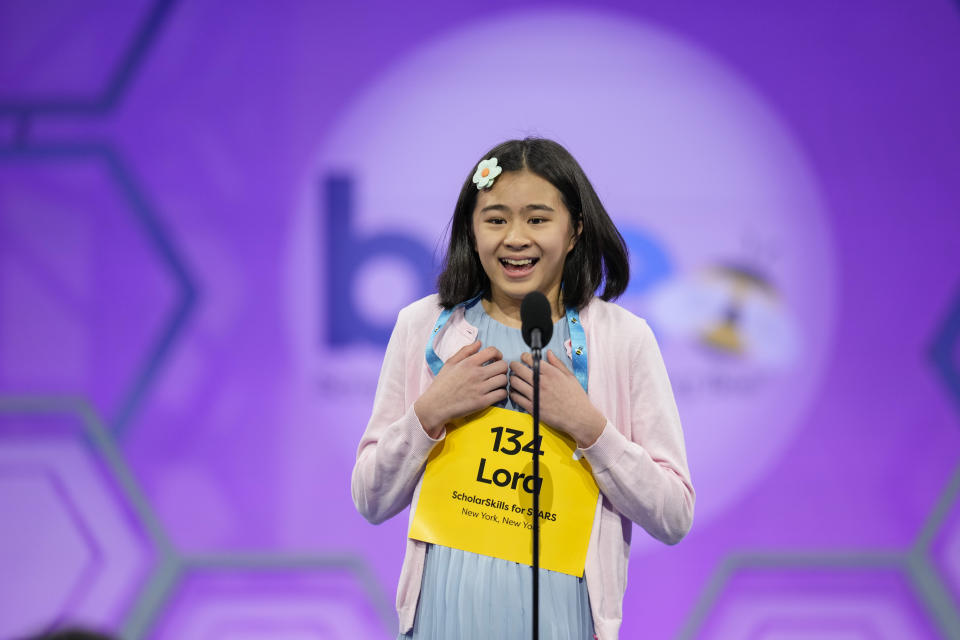 Lora Wu, 12, from New York, N.Y., competes during the Scripps National Spelling Bee, Tuesday, May 30, 2023, in Oxon Hill, Md. (AP Photo/Alex Brandon)