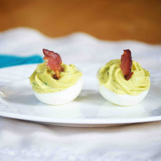 <strong>Get the <a href="http://www.bakeaholicmama.com/2012/05/avocado-bacon-ranch-deviled-eggs.html" target="_blank">Avocado Bacon Ranch Deviled Eggs recipe from Bakeaholic Mama</a></strong>