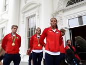 <p>U.S. Olympic athletes Allyson Felix,Connor Fields, Katie Ledecky,Brad Snyder and Tatyana McFadden address the media on the North Portico at the White House September 29, 2016 in Washington, DC. President Obama and first lady Michelle Obama welcome the 2016 U.S. Olympic and Paralympic teams to the White House to honor their participation and success in the Rio Olympic Games this year. (Photo by Elsa/Getty Images)</p>
