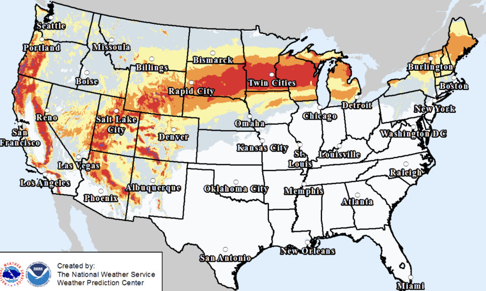 The areas which will be most impacted by the winter storm from February 22-24 (NOAA/NWS)