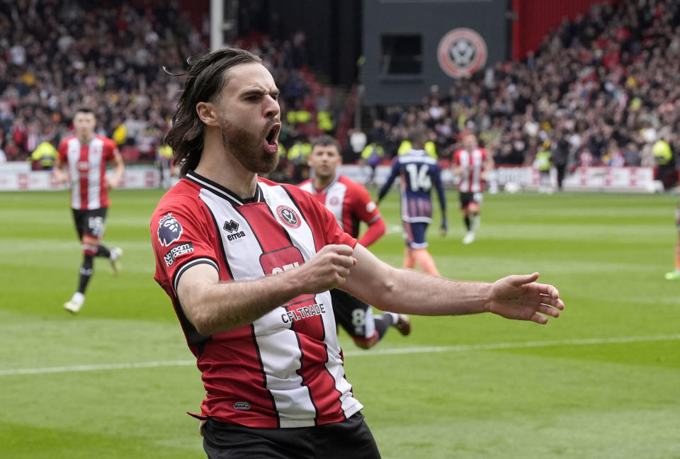 Sheffield United's Ben Brereton Diaz celebrates scoring the first goal of the game, during the English Premier League soccer match between Sheffield United and Nottingham Forest, at Bramall Lane, in Sheffield, England, Saturday May 4, 2024. (Danny Lawson/PA via AP)