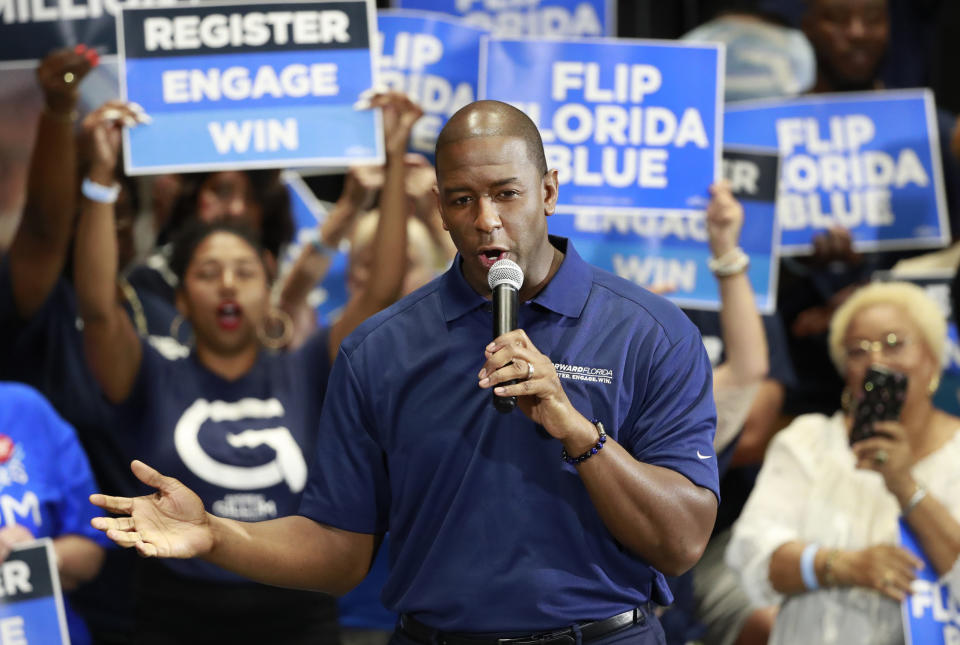 FILE - In this March 20, 2019 file photo, former Florida Democratic gubernatorial candidate Andrew Gillum speaks during a rally in Miami Gardens, Fla. Gillum, the 2018 Democratic nominee for Florida governor, is facing 21 federal charges related to a scheme to seek donations and funnel a portion of them back to him through third parties. The U.S. attorney's office announced the indictment Wednesday, June 22, 2022. (AP Photo/Wilfredo Lee, File)