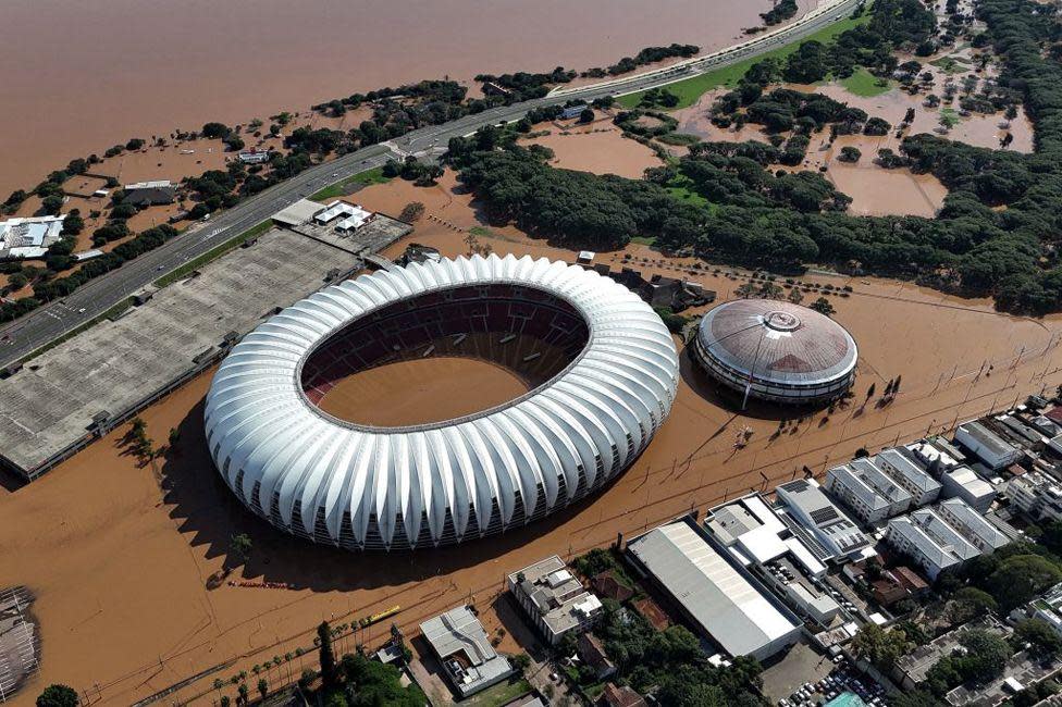 An aerial view of the flooded Beira-Rio stadium of the Brazilian football team Internacional in Porto Alegre, Rio Grande do Sul state, Brazil
