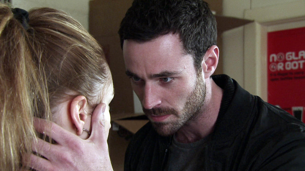 Editorial use only
Mandatory Credit: Photo by Shutterstock (4938281pp)
Pulling Kylie Platt [PAULA LANE] towards the sofa, Callum Logan [SEAN WARD] tells her he wants her. Wondering where on earth David has got to, Kylie tries to conceal her mounting panic.
'Coronation Street' TV Programme. - 2015
Episode 8680